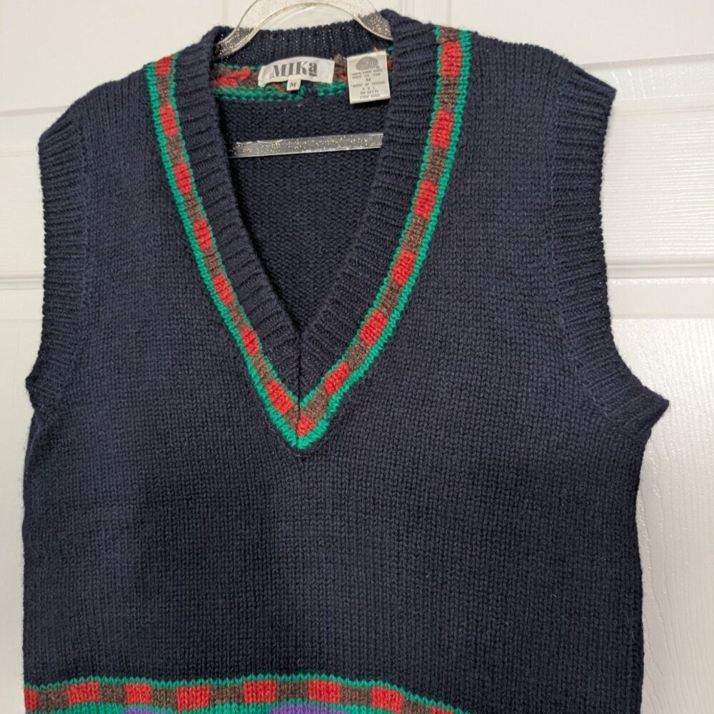 Vintage Mika Wool Sweater Vest Womens Size Medium Blue Knit V Neck Sleeveless - Picture 2 of 9